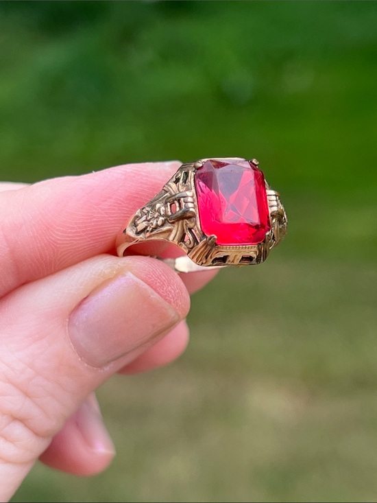 Antique Jewelry - Antique Art Deco Uncas 14k Rolled Gold Plated Red Paste Faceted Glass Ring